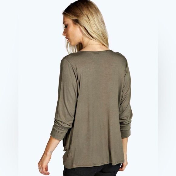 Boohoo Plunge Neck Drape Long Sleeved Top in Olive, AU Size 4, Us 2/Small. NWT! - Picture 3 of 9
